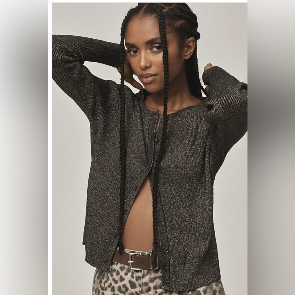 FRNCH Paris Metallic Knit Crew Neck Cardigan Sweater XL French Girl Chic Cozy